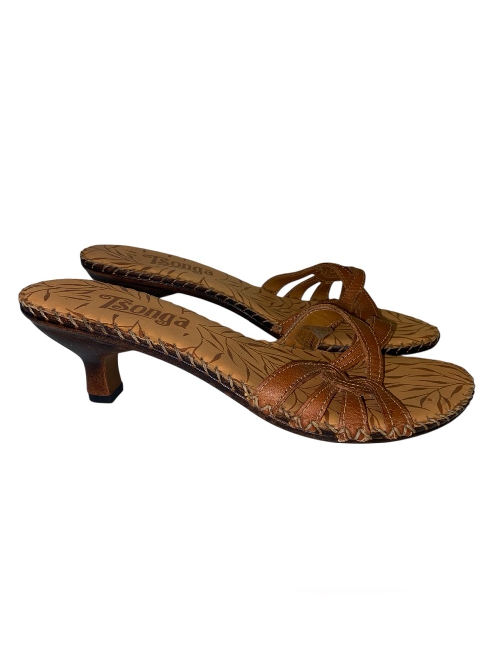Tsonga Shoes Womens Size 7 Leather Kitten Heels Slip On Sandals Boho Artsy Brown